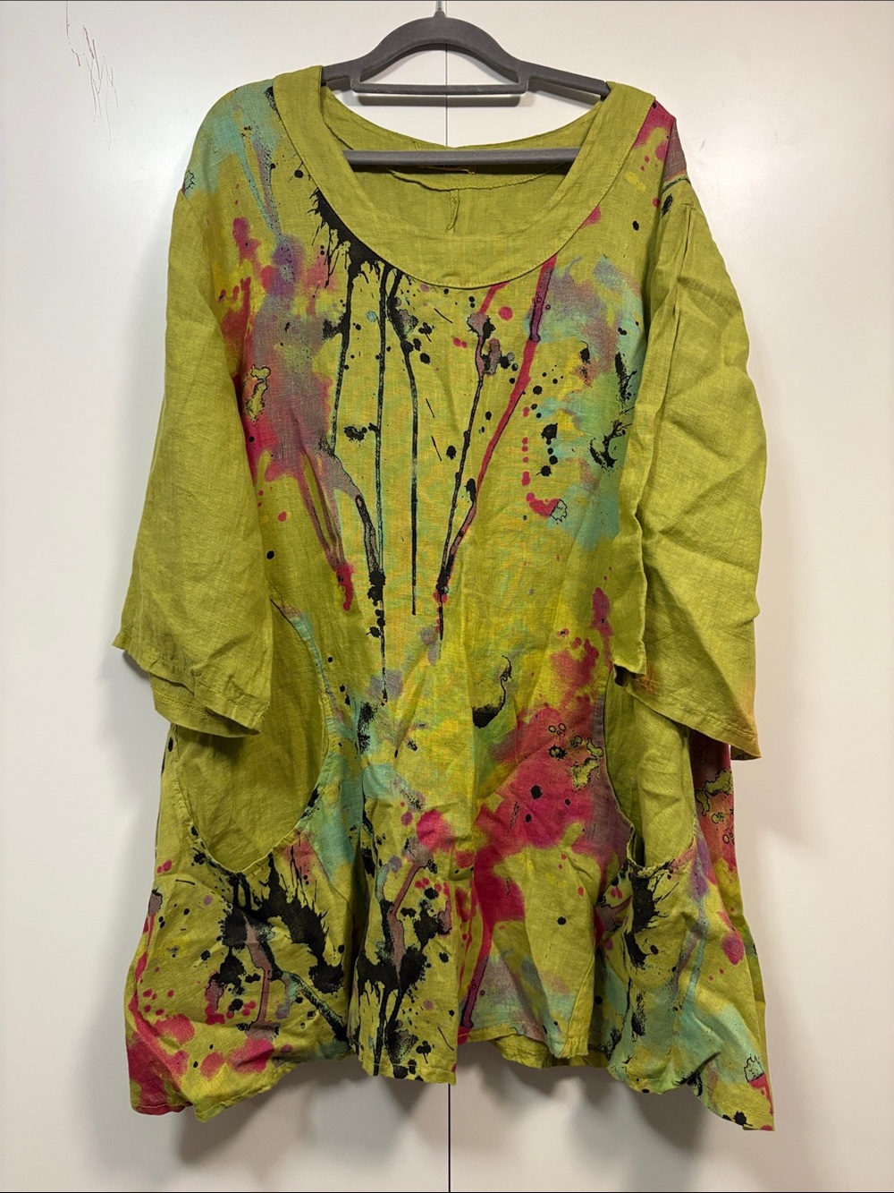 Italian Puro Lino Artisan Lime Green Paint-Splash Linen Tunic L
